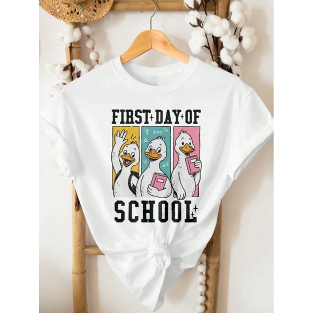 Kids' Short Sleeve T-Shirt - "FiRST DaY of SCHooL" Cartoon Design, Soft Cotton, Regular Fit, Crew Neck, Spring/Summer/Fall Casual Top For Girls & Boys, Back-To-School essential