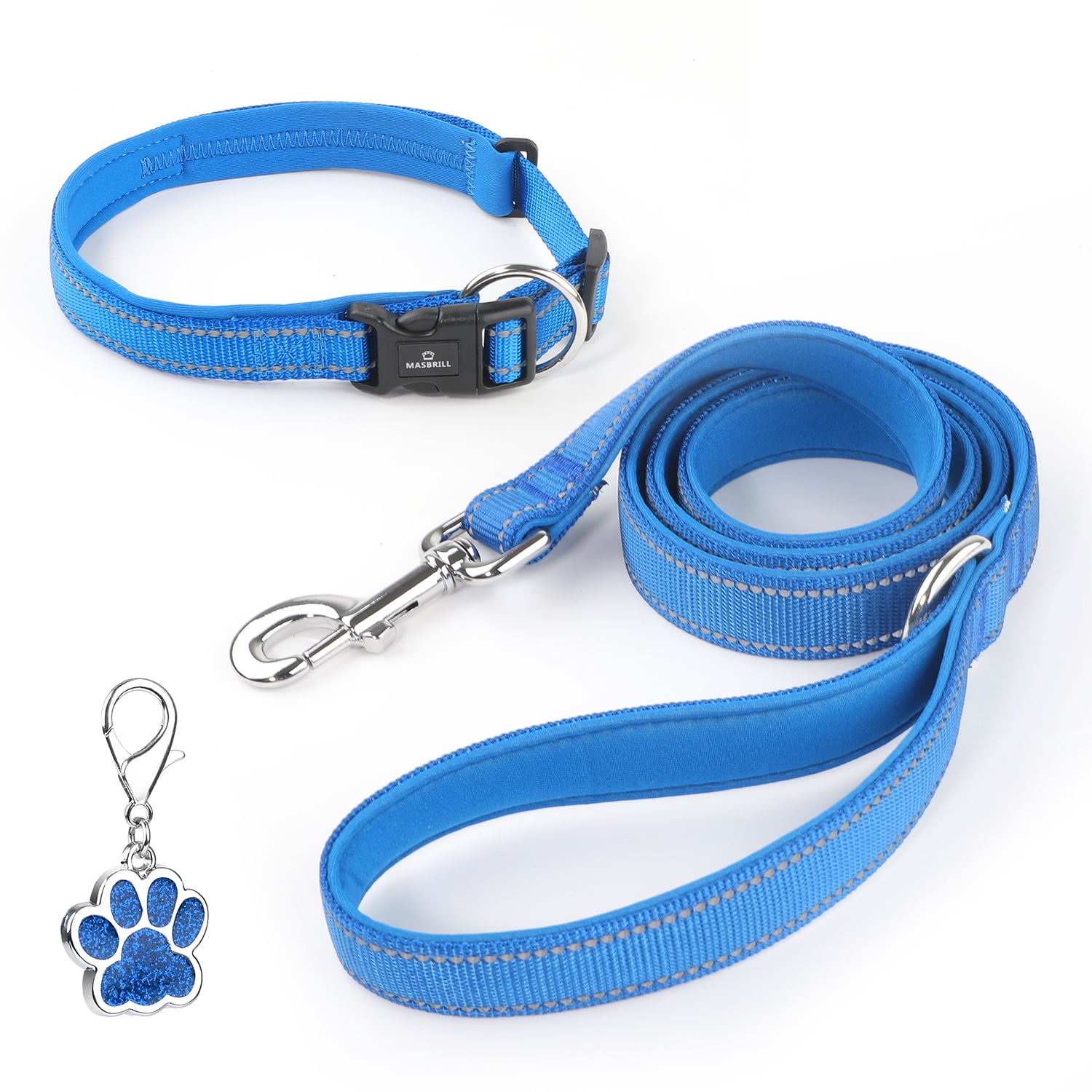 MASBRILL Dog Collar And Leash Set,Reflective Dog Collar With Dog Tag ,Soft Neoprene Padded Breathable ,Odour Resistant And Fast Drying Dog Leash+Dog Collar,Blue-L