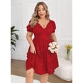 thumbnail image 2 of AURA Elegant Red Knit V Neck High Waist Ruffle A Line Dress Short Sleeve Plus Size 1XL 3XL, 2 of 7