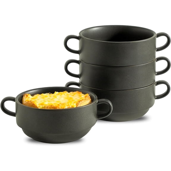 Tikooere Soup Bowls, 22 oz French Onion Soup Bowls with Handles, Stackable Ceramic Bowls Set of 4, Oven Microwave Dishwasher Safe, Matte Black