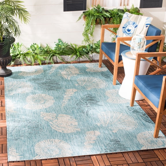 SAFAVIEH Courtyard Larry Seashells Indoor/Outdoor Area Rug, 5'3" x 7'7", Aqua/Cream