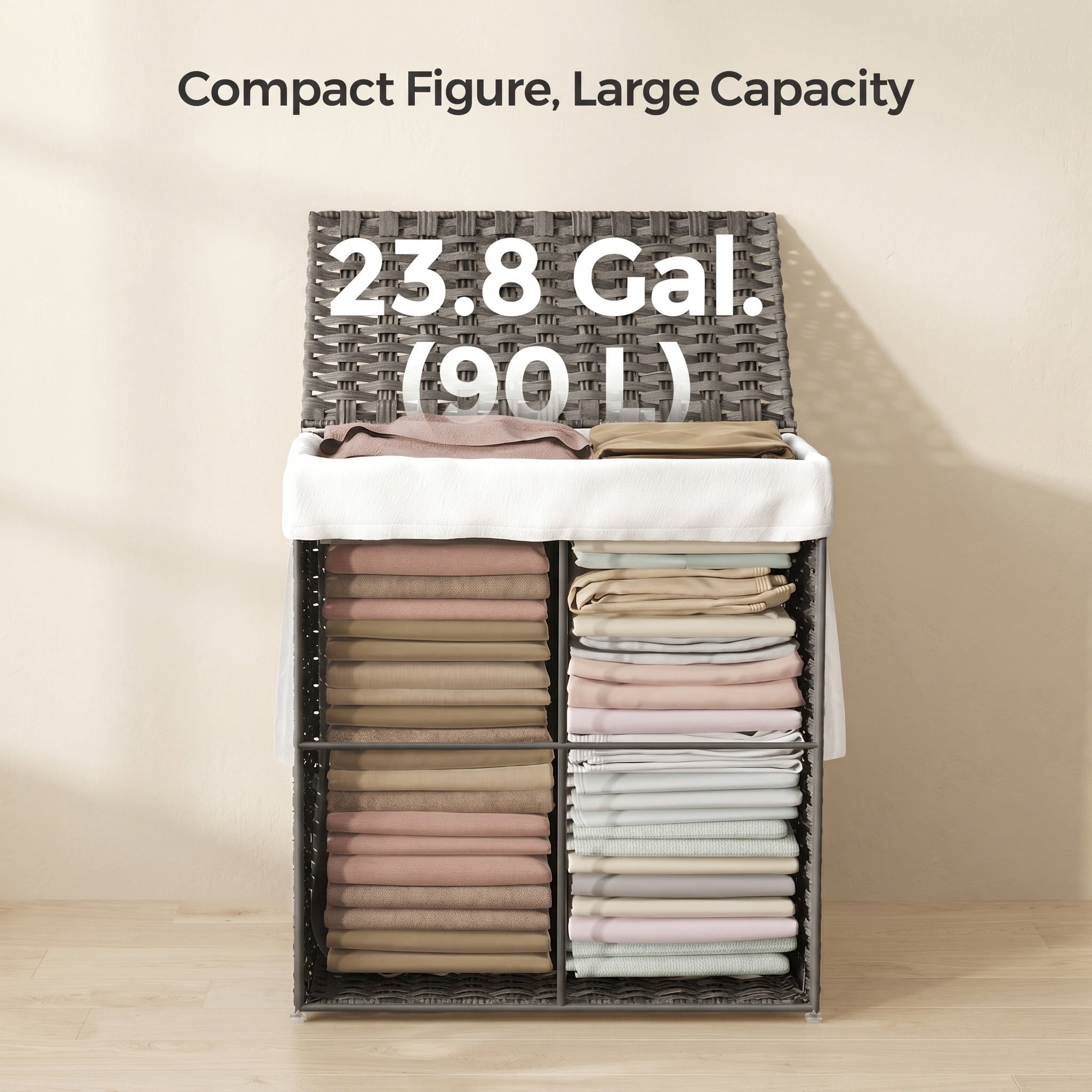 Nordic Hygge 23.8 Gal. Dove Gray Synthetic Rattan Laundry Hamper with Lid and Removable Liner