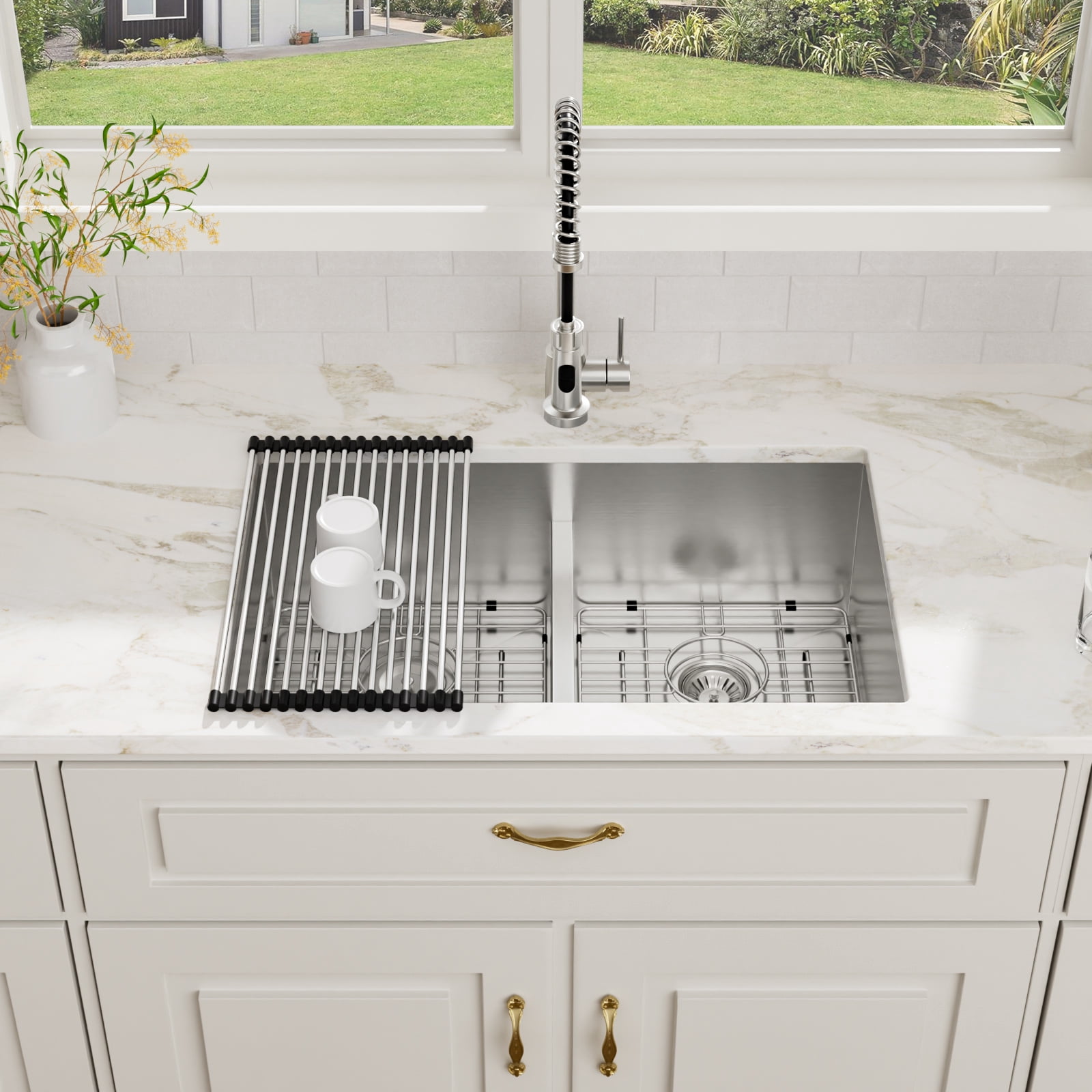 30 in. Undermount 50/50 Double Bowl 16-Gauge Stainless Steel Low Divided Kitchen Sink with 2 Pcs Bottom Grids/Drains