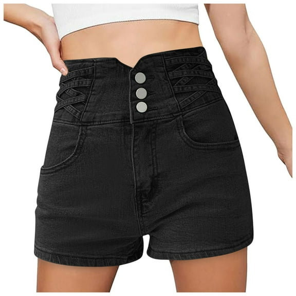 Siilsaa Women Jean Shorts Womens Shorts Summer Elastic Waist Casual Lightweight with Pockets Black,XL