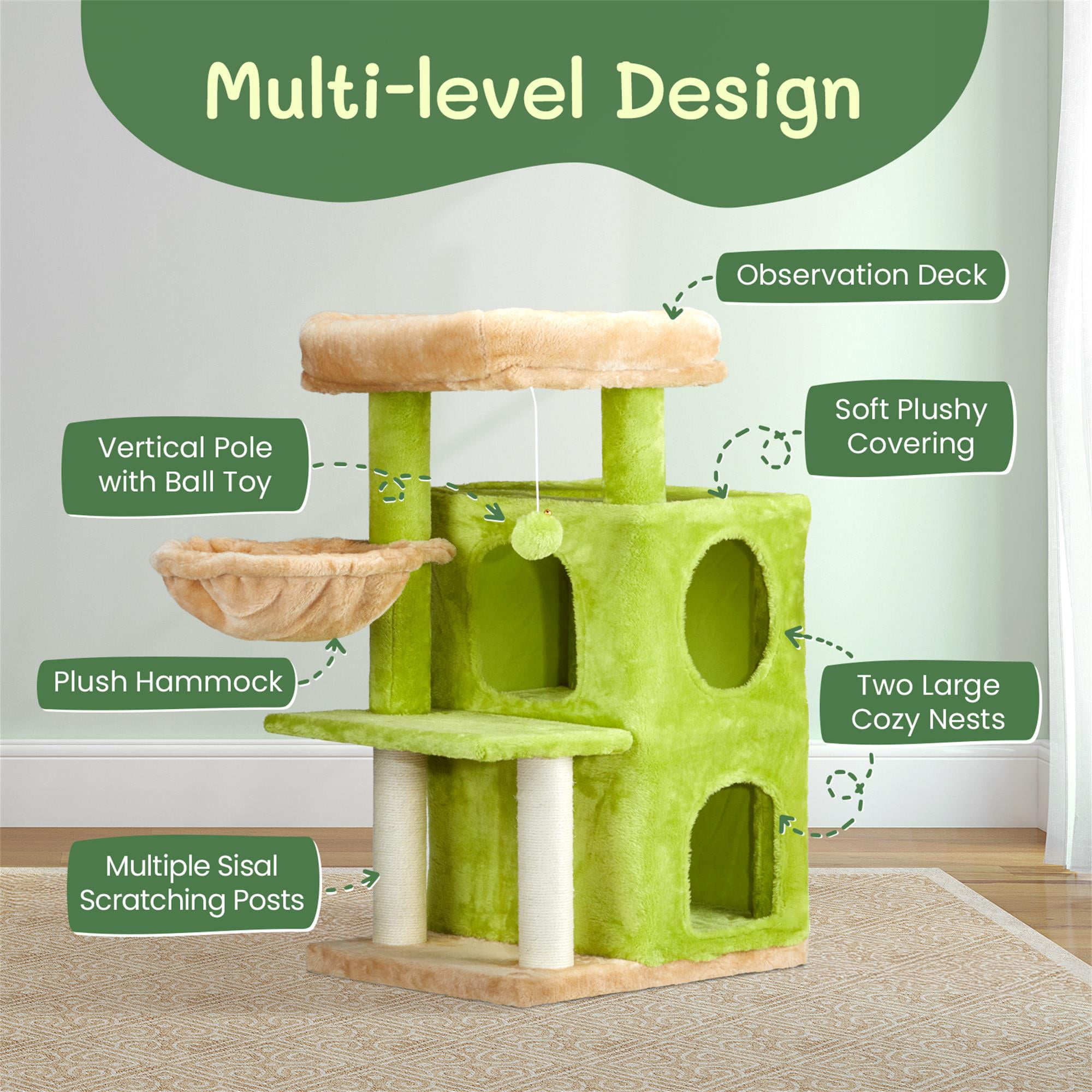 Kadyn 33" Cat Tree Tower for Indoor Cats, Cat Tree House with Large Padded Perch, Hammock, 2-Tiered Condo, Scratching Posts and Dangling Ball, Green