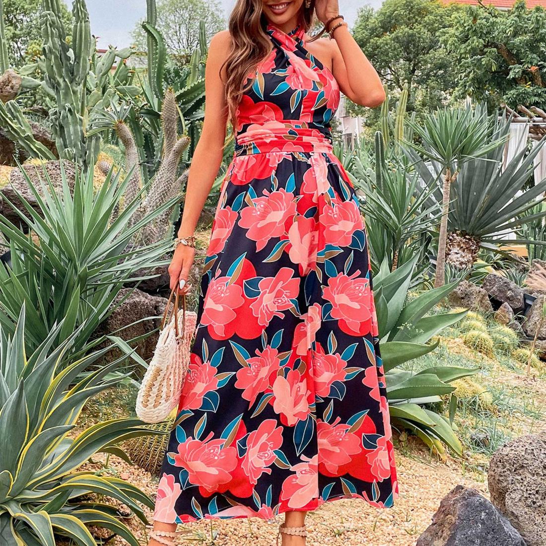 Patlollav Womens Print Halter Dress Beach Holiday Floral Dress