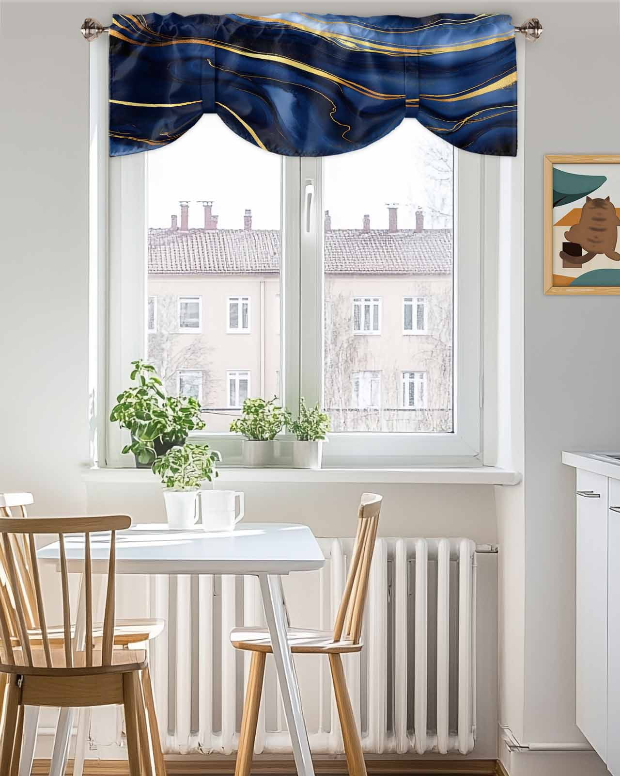 Marble Texture Tie Up Valances Curtain, Adjustable Kitchen Modern Blue Golden Fluid Art Valances for Windows Decor, Rod Pocket Short Curtains Set for Bedroom/Bathroom, 60"x18"