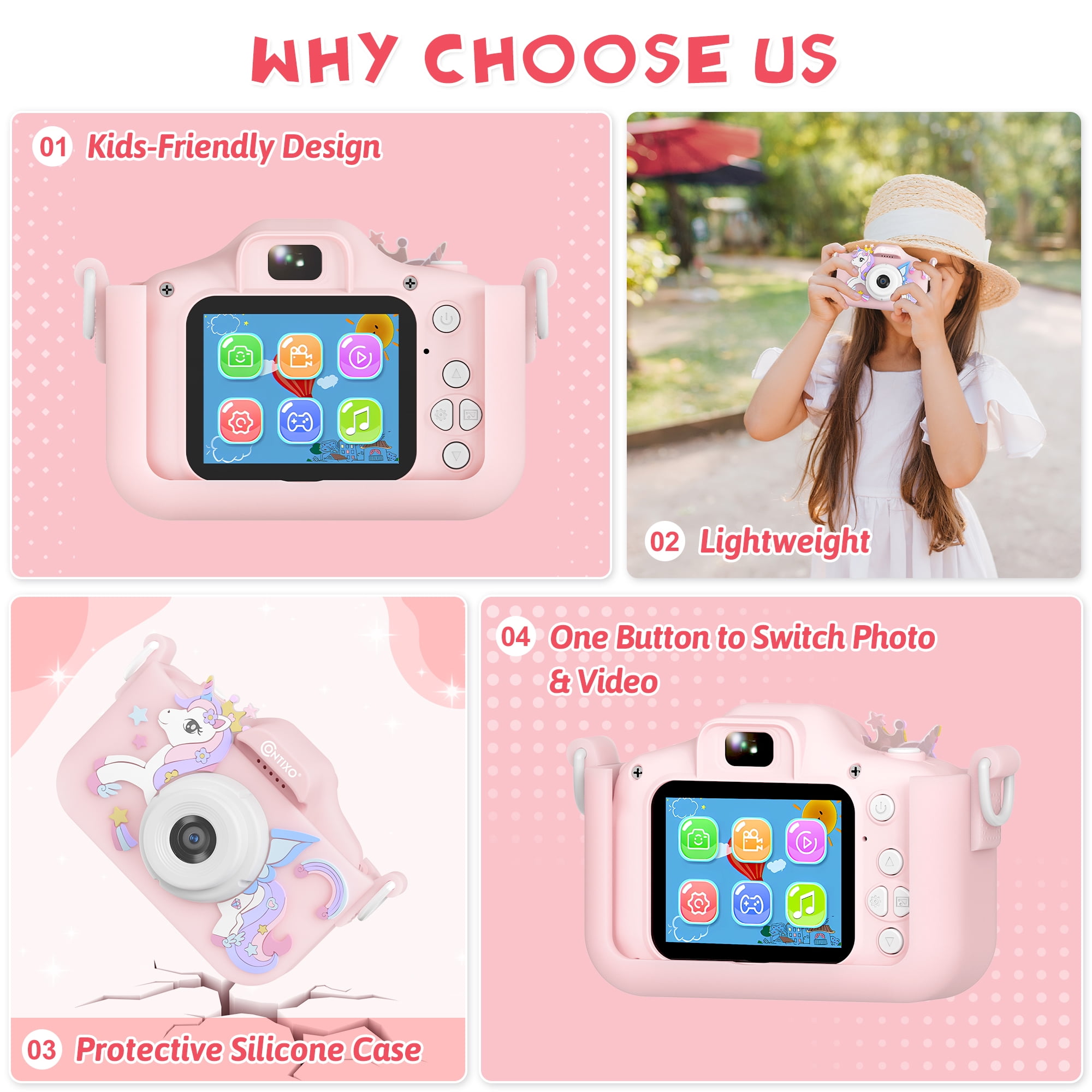Contixo Kids Camera, Educational Dual Lens Camera with Carry Case and 32 GB SD Card, Pink