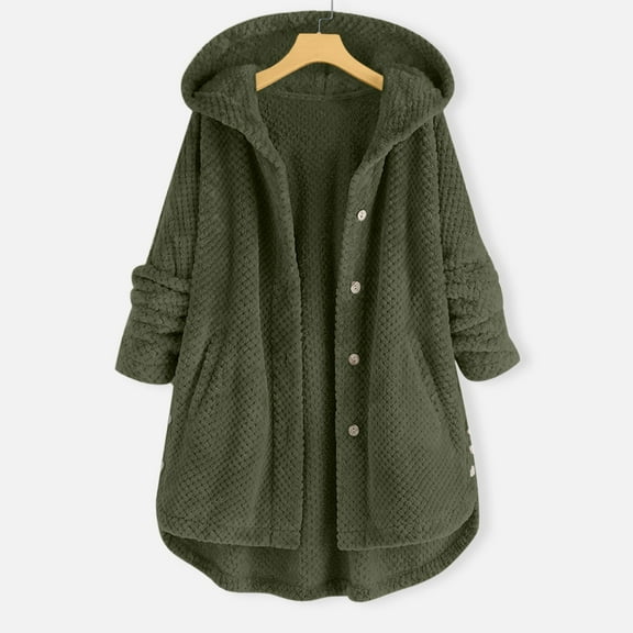Baqcunre Women's Ladies Solid Long Sleeve Plus-Size Button-Hooded Plush Coat Women Clothing Fleece Jacket Women Winter Jackets for Women Coats for Women Army Green 6Xl