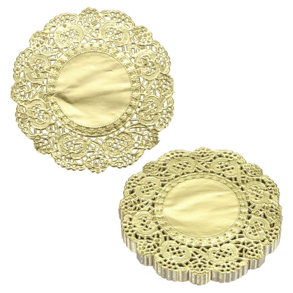 Uxcell 100pcs Lace Paper Doilies 3.5 Inch Gold Round Disposable Decorative Paper Placemats Hollow Flower Absorbing Papers for Cakes Desserts Food Decoration Wedding Birthday