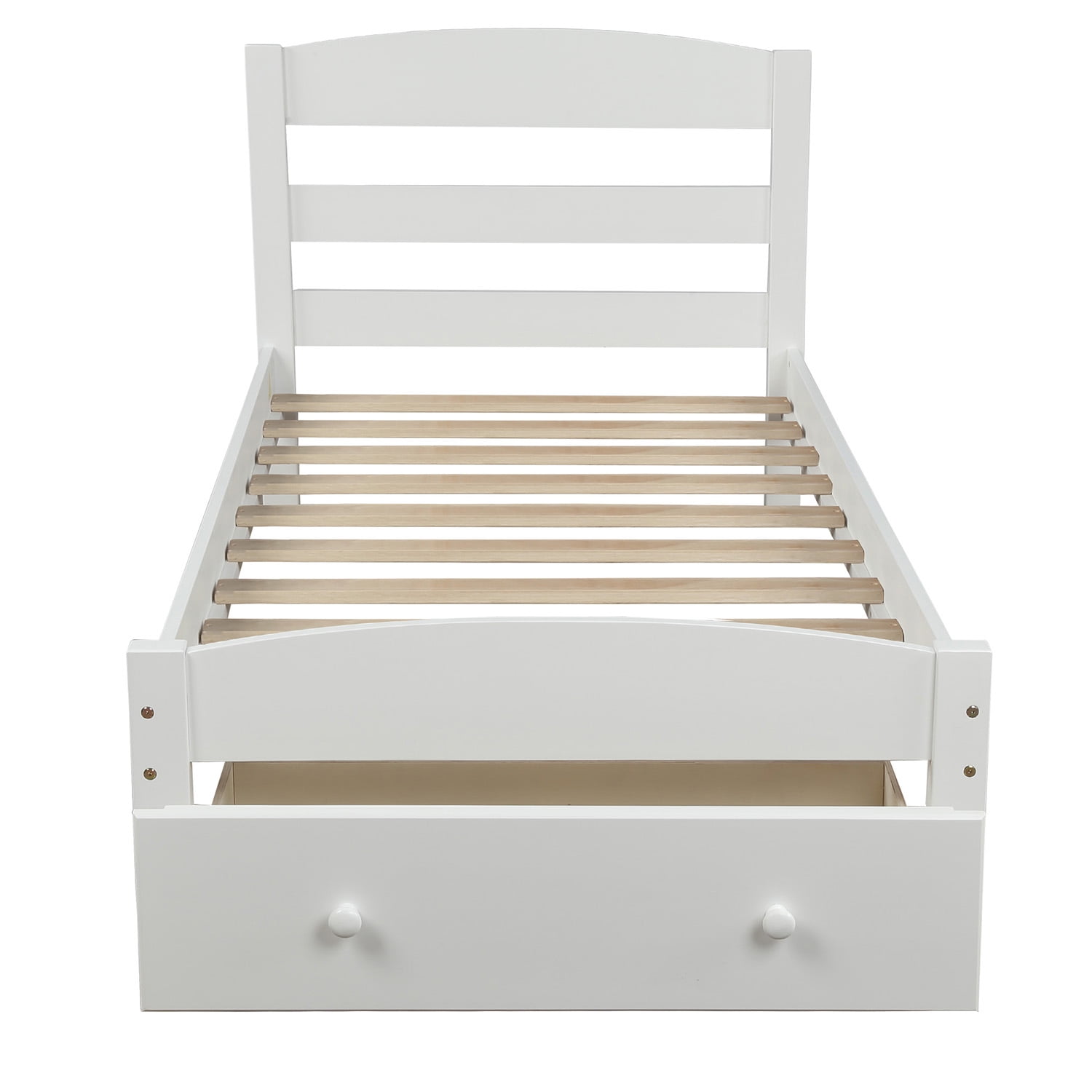 Hommoo Twin Size Platform Bed Frame with Storage Drawer, Platform Twin Bed Frame with Wood Headboard, White