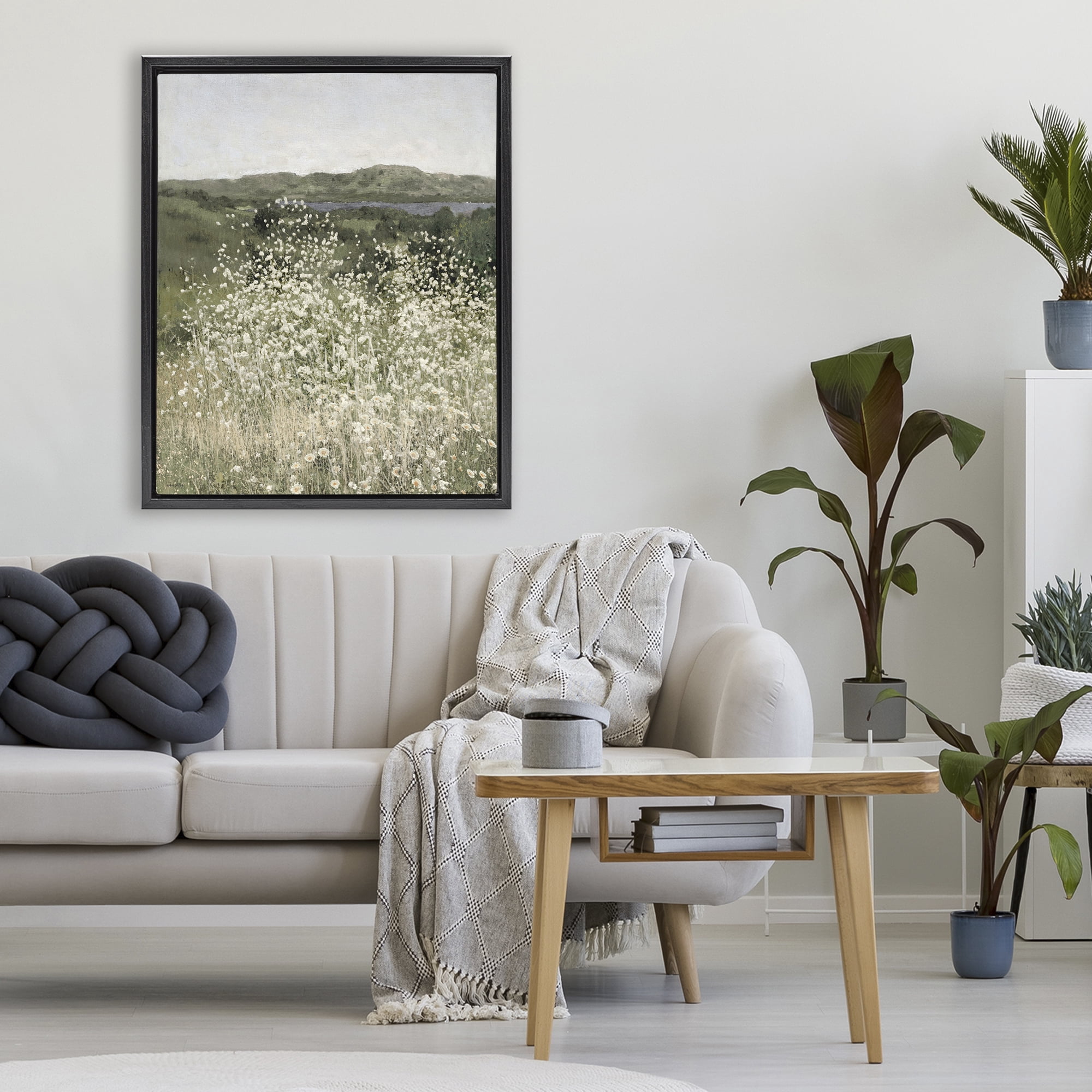 Stupell Industries Sunlit Meadow of White Daisies Black Framed Floater Canvas Wall Art, design by Amber Sterling