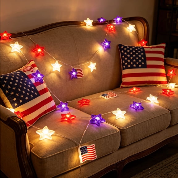 Independence Day Patriotic String Lights,Red White Blue Star & American Flag LED Fairy Lights,Battery Operated for Porch,Patio,Bedroom,Home Decor