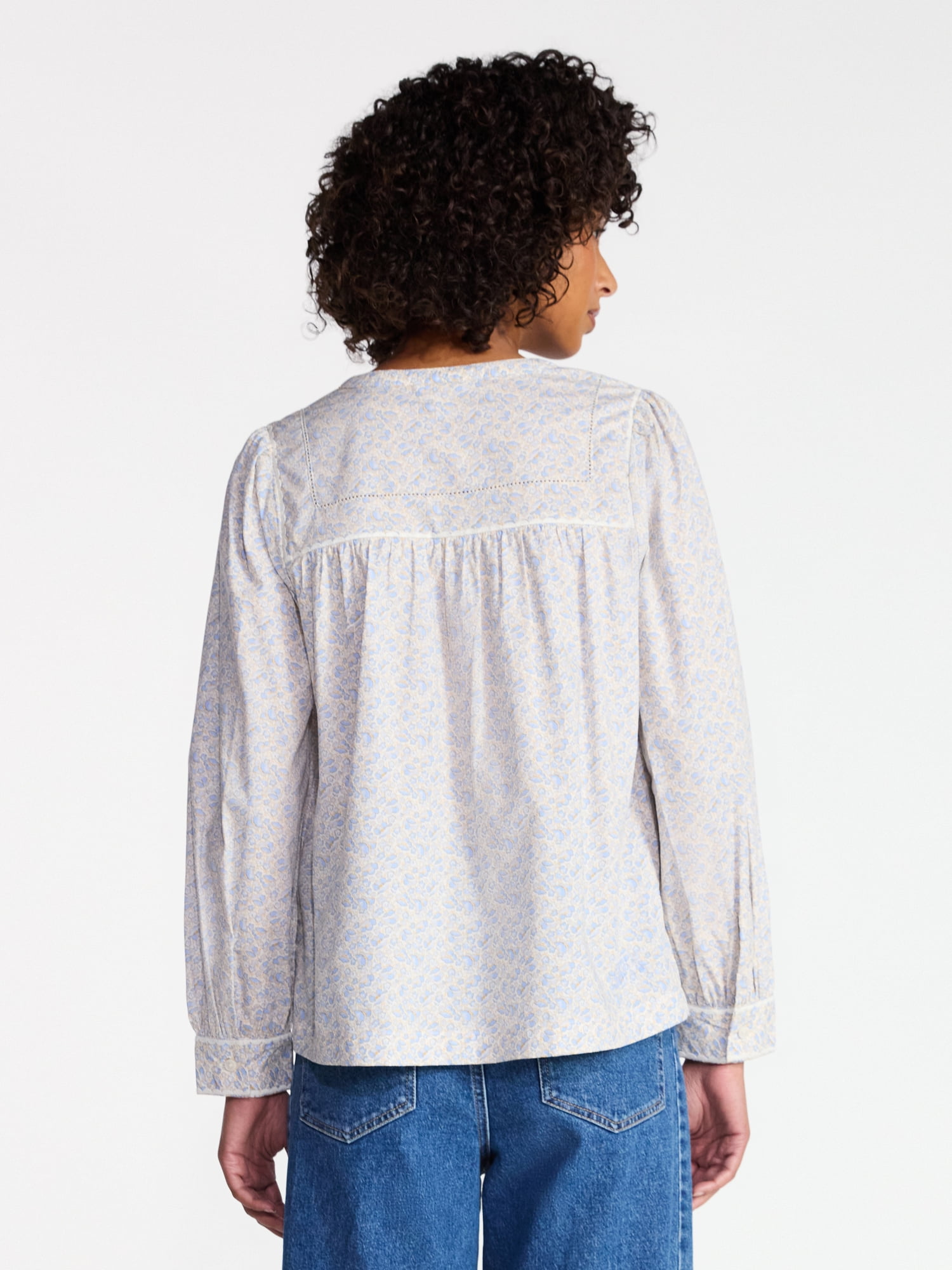 Time and Tru Women's Embroidered Cotton Button Front Shirt with Long Sleeves, Sizes XS-XXXL