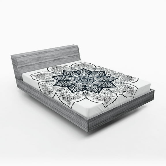 Ambesonne Leaf Fitted Sheet, Bohemian Form, Queen Size, Dark Petrol Blue White