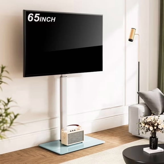 FITUEYES Floor TV Stand with Tempered Glass Base and Height Adjustable, White
