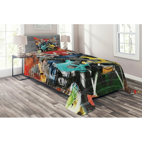 Ambesonne Music Quilted Coverlet 2 Pcs, Collage Instrument Joyful, Twin Size, Multicolor