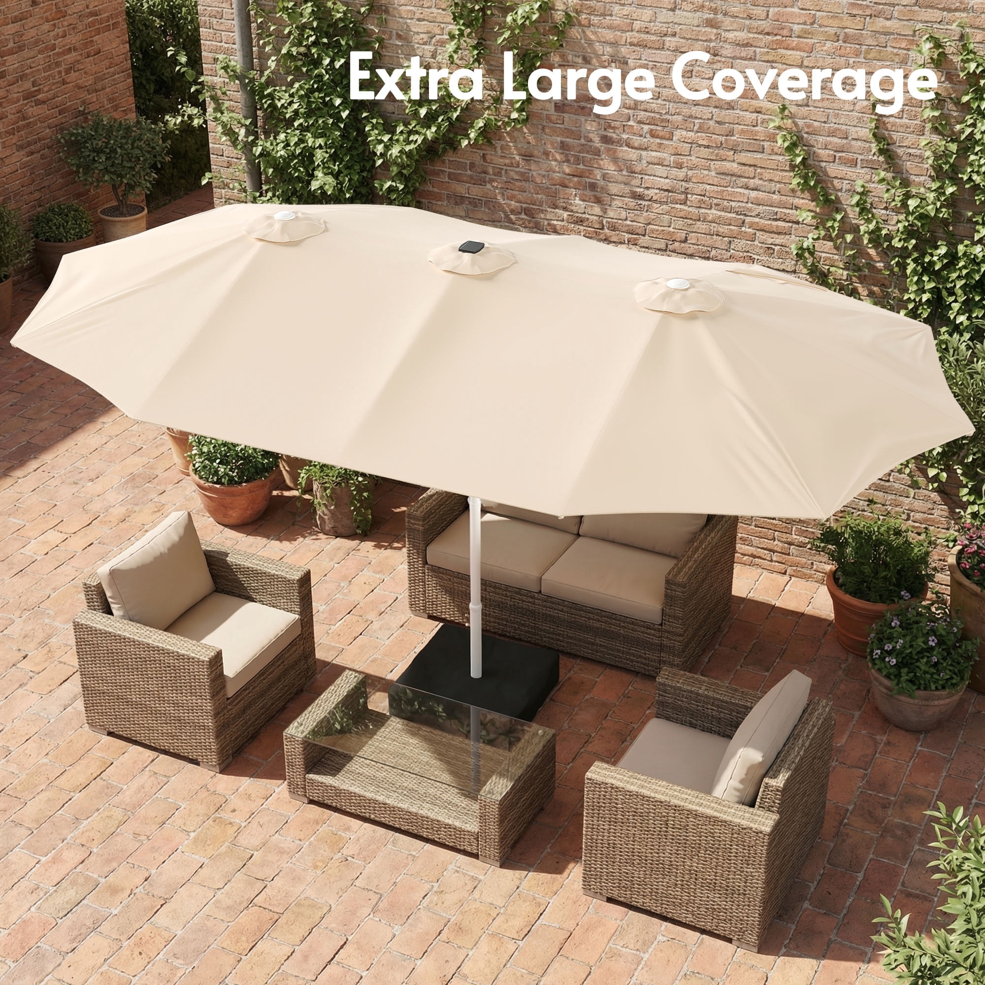 LAZZO 15FT Patio Umbrella with LED Lights and Base, Outdoor Rectangular Triple Shade for Patio Deck Garden, Champagne