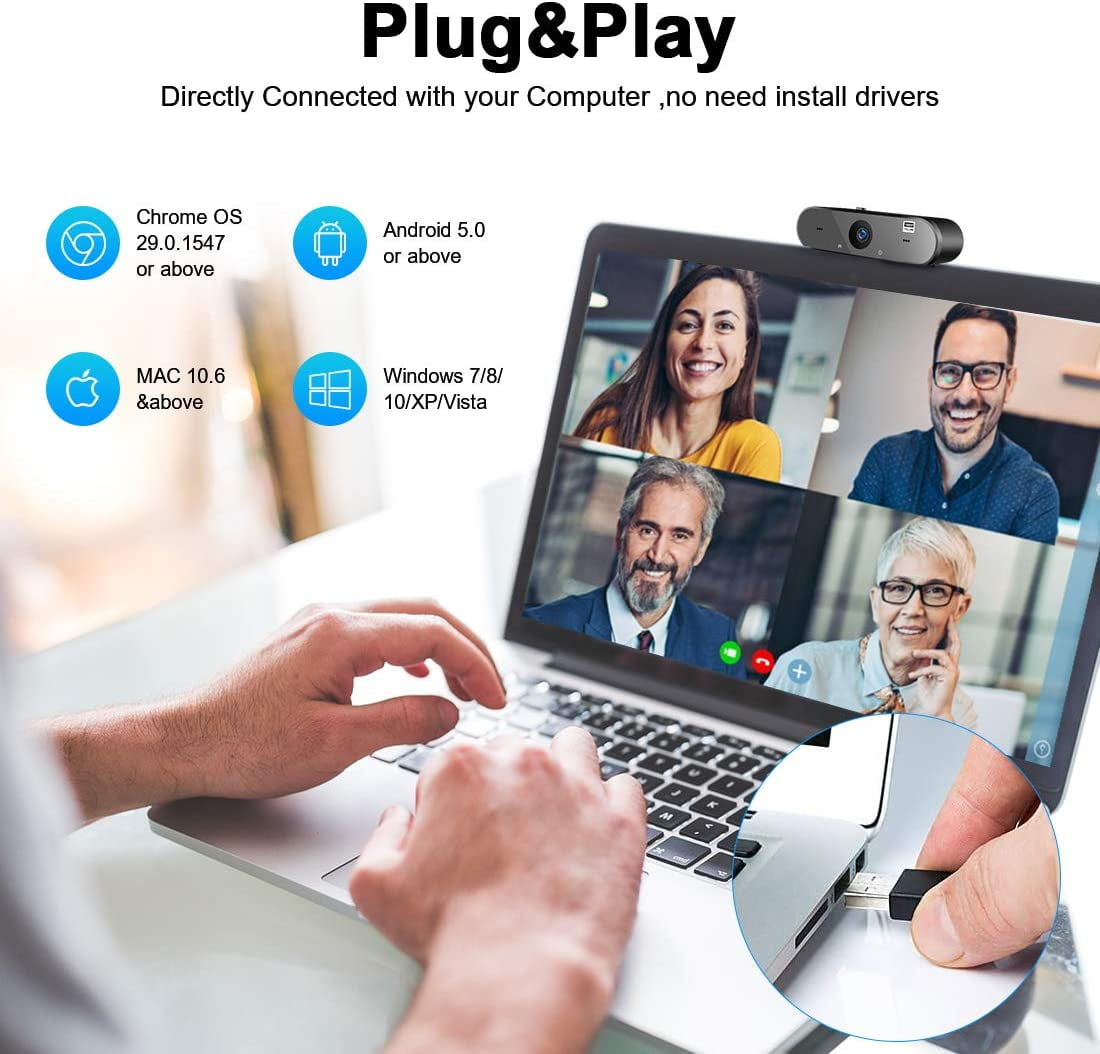 Webcam with Microphone,Portable 1080P Full HD Streaming Webcam with Wide Angle, Auto Noise Cancellation and Privercy Cover USB Webcam for Desktop/Laptop/Computer