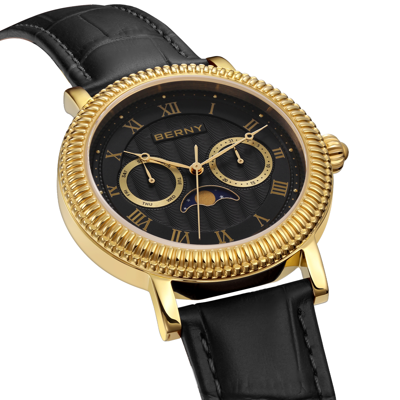 BERNY Mens Leather Watch, Vintage Roman Numerals Moon Phase Dress Watch with Day & Date, Stainless Steel, Sapphire Crystal, Waterproof, Fashion Luxury Analog Quartz Wrist Watches for Men (Gold)