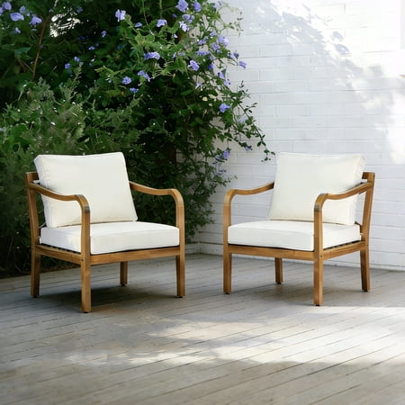 Christopher Knight Home Outdoor Acacia Wood Lounge Chair with Cross Back, Teak Finish+Beige Cushion, Set of 2