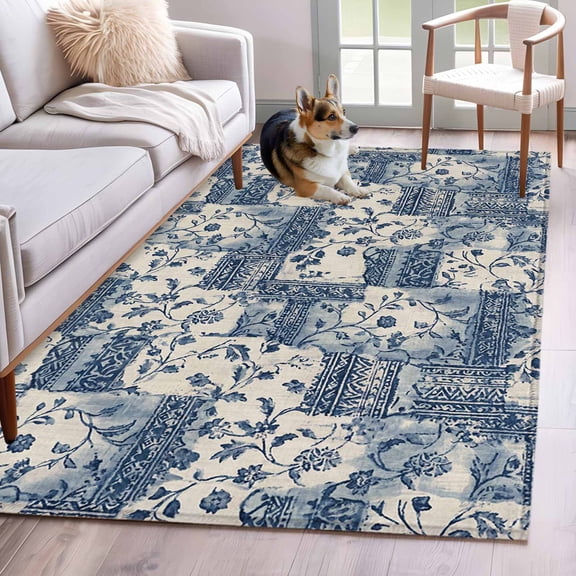 Area Rug for Living Room, Watercolor Floral Non-Slip Indoor Large Carpet for Bedroom/Dining Room, Vintage Country Tribal Tie-dye Flowers Blue Washable Low-Profile Floor Mat Runner Rugs - 3 x 5 Ft