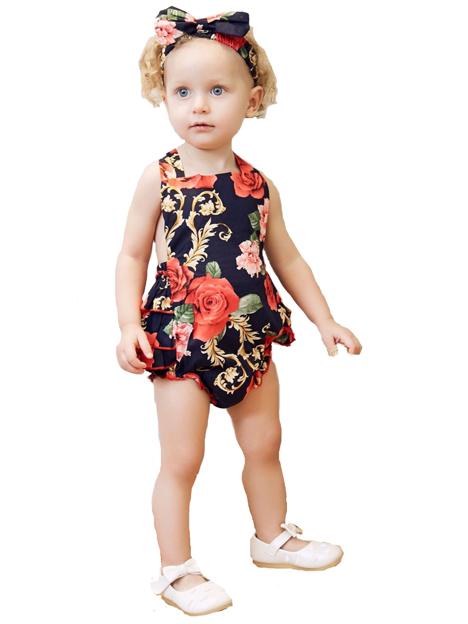 BFUSTYLE Newborn Baby Girl Floral Bodysuit Toddler Flutter Sleeve Romper Jumpsuit Outfit+Headband