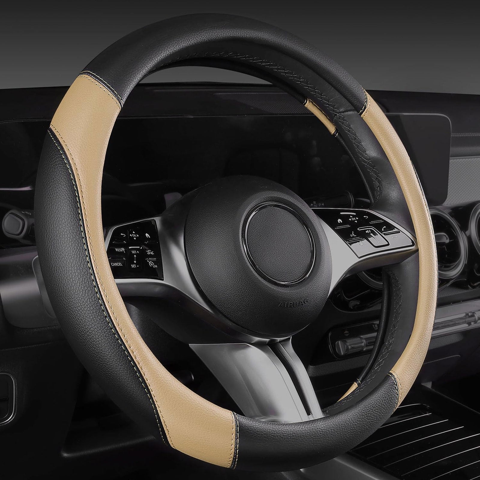 CAR GRAND Faux Leather Car Steering Wheel Cover Combo Pack Car Floor Mats, Universal Fit Waterproof Anti-slip Carpet 14.5-15 Inches Beige & Black