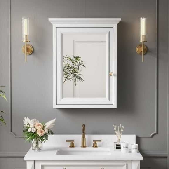 ANGELES HOME 24" x 30" Wall Mount Medicine Cabinet with Double-Side Mirrors, Wood Bathroom Mirror Cabinet with 1 Soft-Close Door and 2 Solid Wood Shelves, Anti-Fog Glass, Single Left Opening, White