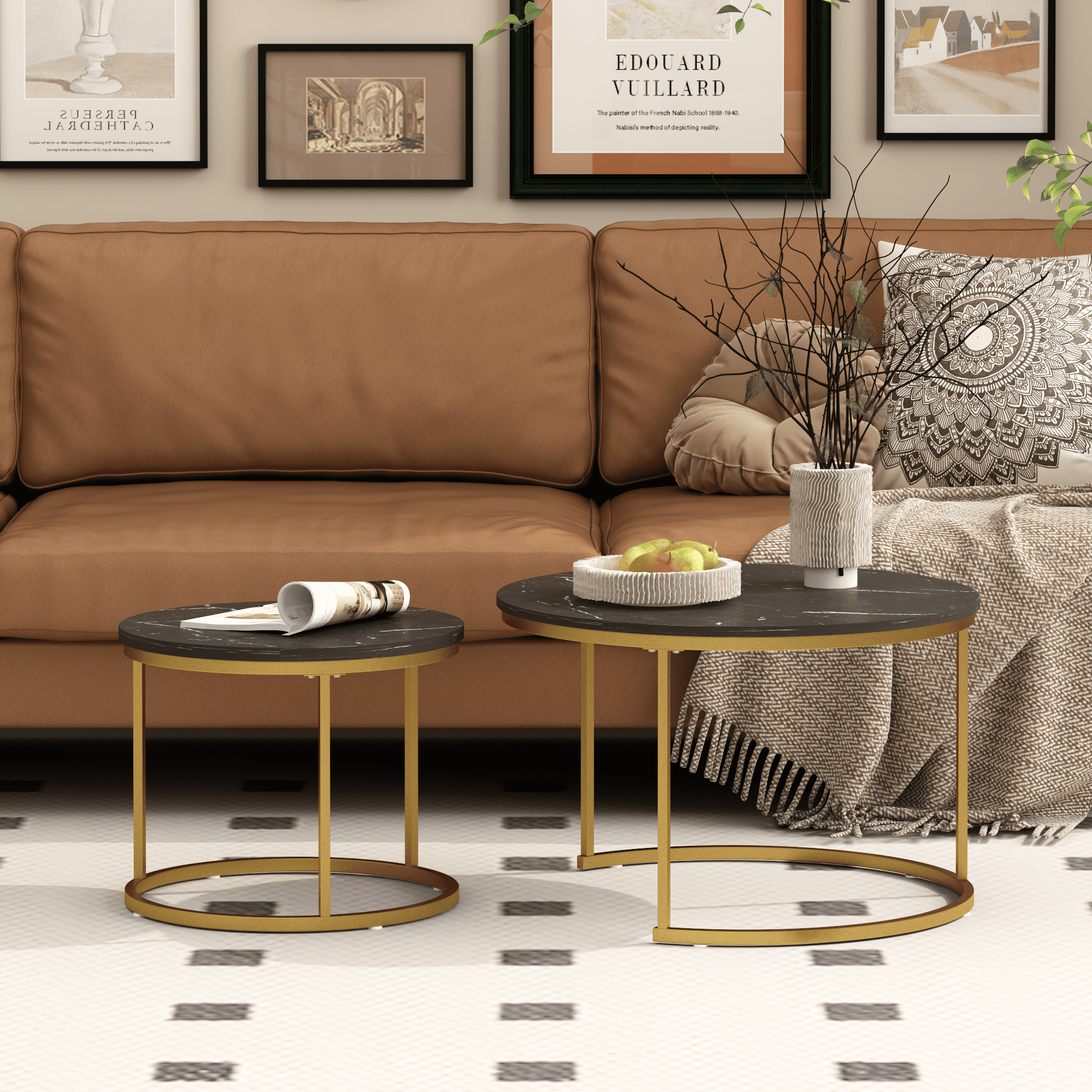 27.6in Nesting Coffee Table Set of 2, Round Coffee Table Wood Marble Pattern Top with Sturdy Metal Frame, End Table Side Tables for Living Room Bedroom Balcony Yard (Black)