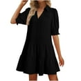 thumbnail image 2 of Antinious Ladies Summer Dress,Elegant Dresses for Women,Casual Dresses for Women Turndown Collar Short Sleeve Fold Solid V-Neck Dress,Black,M, 2 of 5