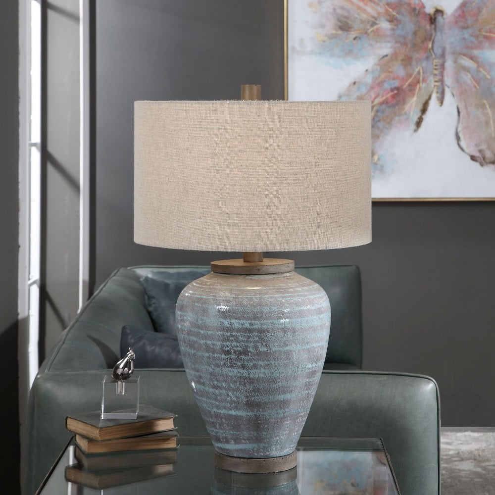 1 Light Ceramic Urn Table Lamp with Aqua Blue Crackle Glaze