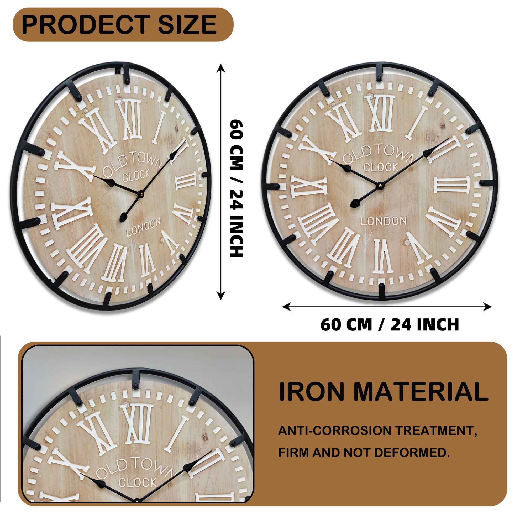 24 Inch Large Metal Frame Farmhouse Rustic Wooden Wall Clock with Engraved Roman Numbers