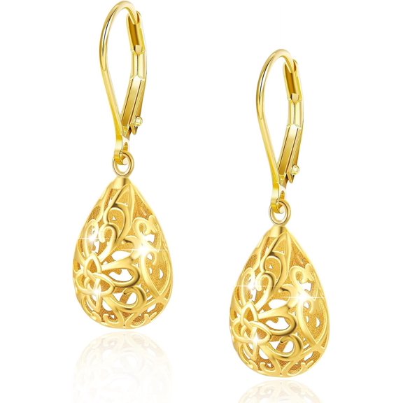 Silver Earrings 14K Gold Plated French Style Leverback Earrings, Heart Dangle Drop Earrings for Women Hypoallergenic Jewelry