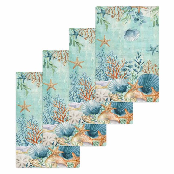 Teal Coastal Kitchen Dish Towels for Drying Dishes Set of 4, Summer Beach Starfish Shell Coral Nautical Waffle Weave Microfiber Hand Tea Bathroom Towels Quick Dry & Absorbent Towel 15.7x23.6