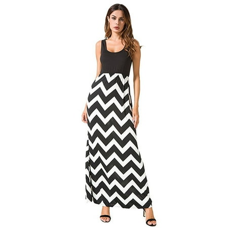 - Women Boho Chevron Striped Print Summer Sleeveless Tank Long Maxi Party Dress