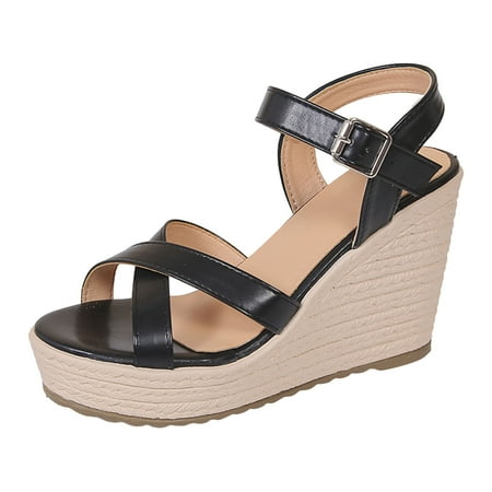 

PEASKJP Ladies Sandals Summer Open Toe Breathable Beach Sandals Slip-On Straw Casual Wedges Shoes (Black 8)