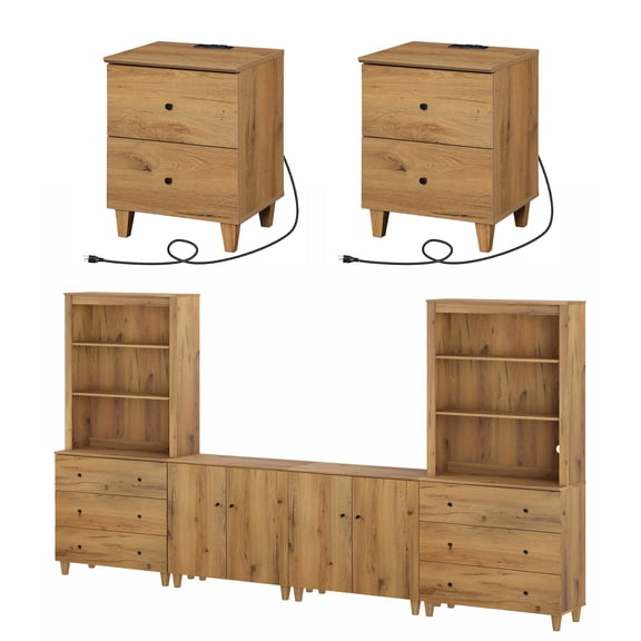 WAMPAT Entertainment Center and Side Table Set of 3, Modern Wooden TV Stand for 75" TV with Cabinets and Drawers, 2 End Tables with Charging Station for Living Room, Oak Brown