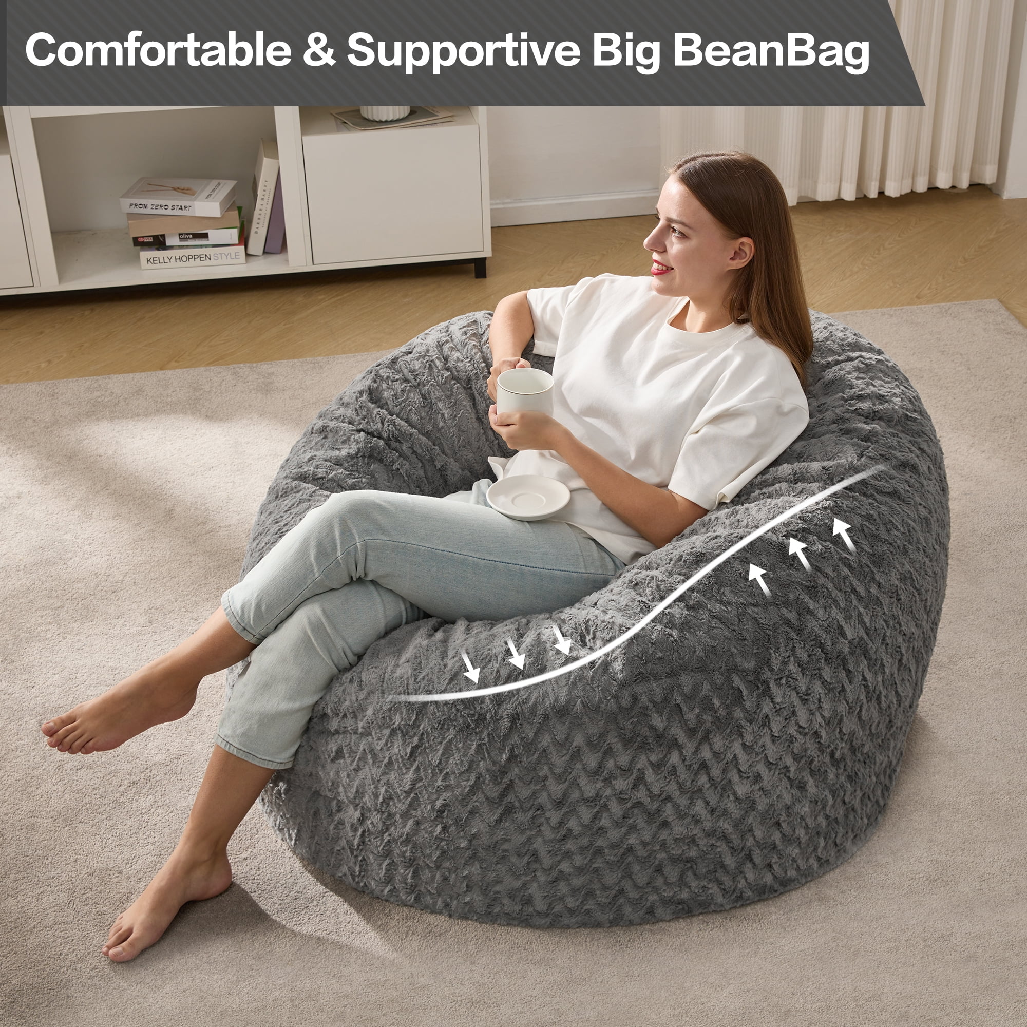 Hobestluk 3ft Bean Bag Chairs for Adults Large Beanbag Chair with Chevron Plush Fur Cover Big Bean Bag Chair for Living Room Bedroom Dorm Office - Grey (36” x 36” x 22”)