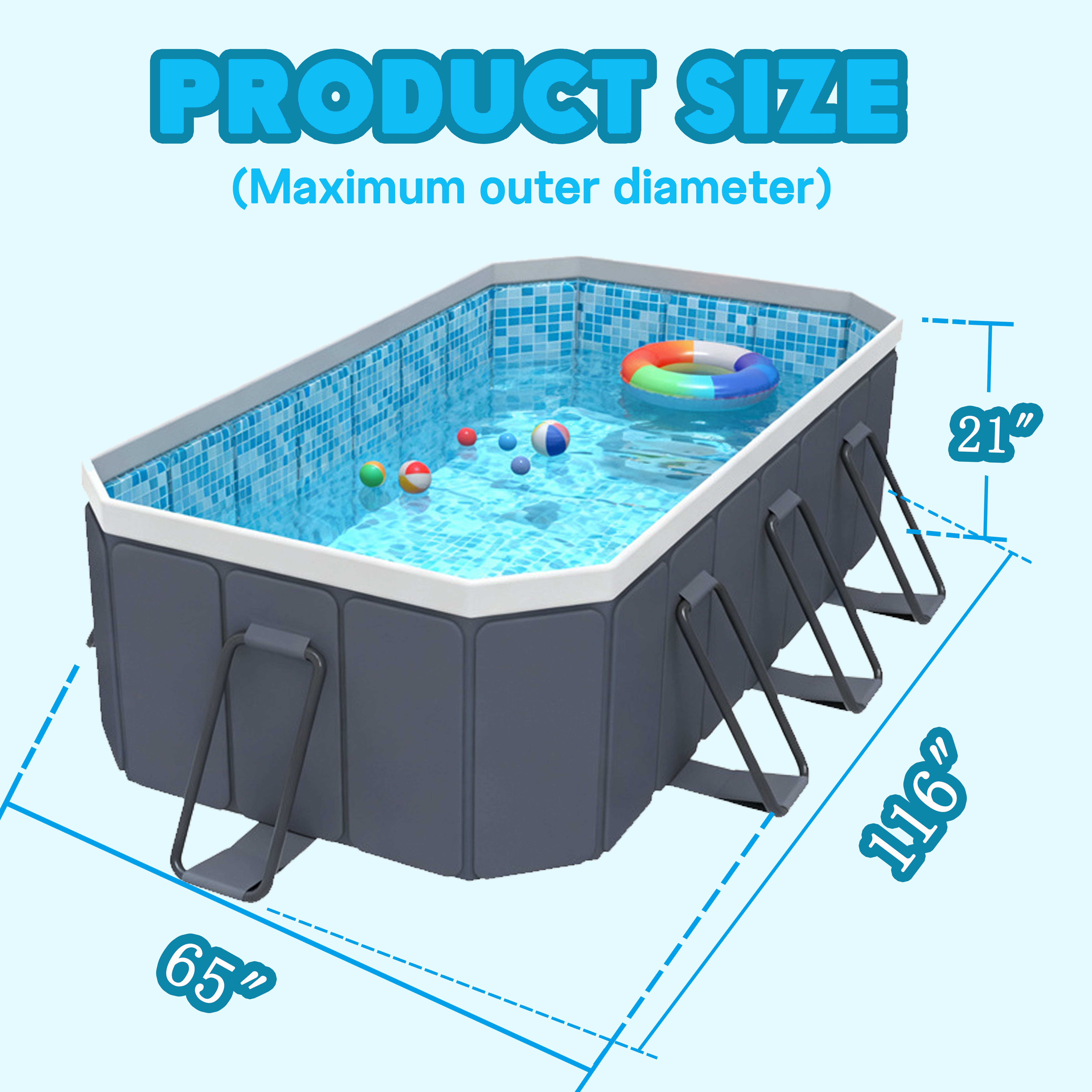 Hyindoor Outdoor Foldable Non-Inflatable Adults and Kids Swimming Pool Titanium Aluminum Support Steel Frame Anti-Slip for Lawn Garden Backyard（116" x 65" x 20"）