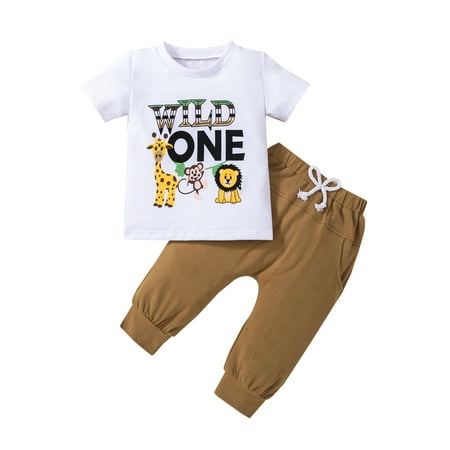 

Diconna Baby Boys Pants Set Short Sleeve Crew Neck Letters Animal Print T-shirt with Pants Summer Outfit White 12-18 Months