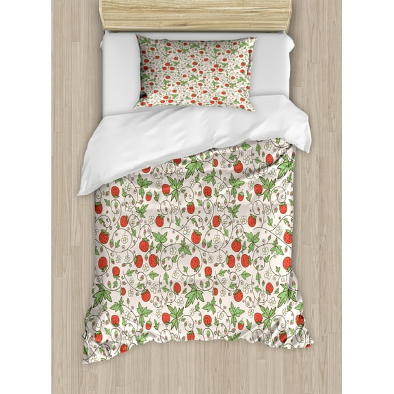 Strawberry Twin Size Duvet Cover Set, Doodle Branches of Strawberry and Flower Blossoming in Spring, Decorative 2 Piece Bedding Set with 1 Pillow Sham, Rose Vermilion and Fern Green, by Ambesonne