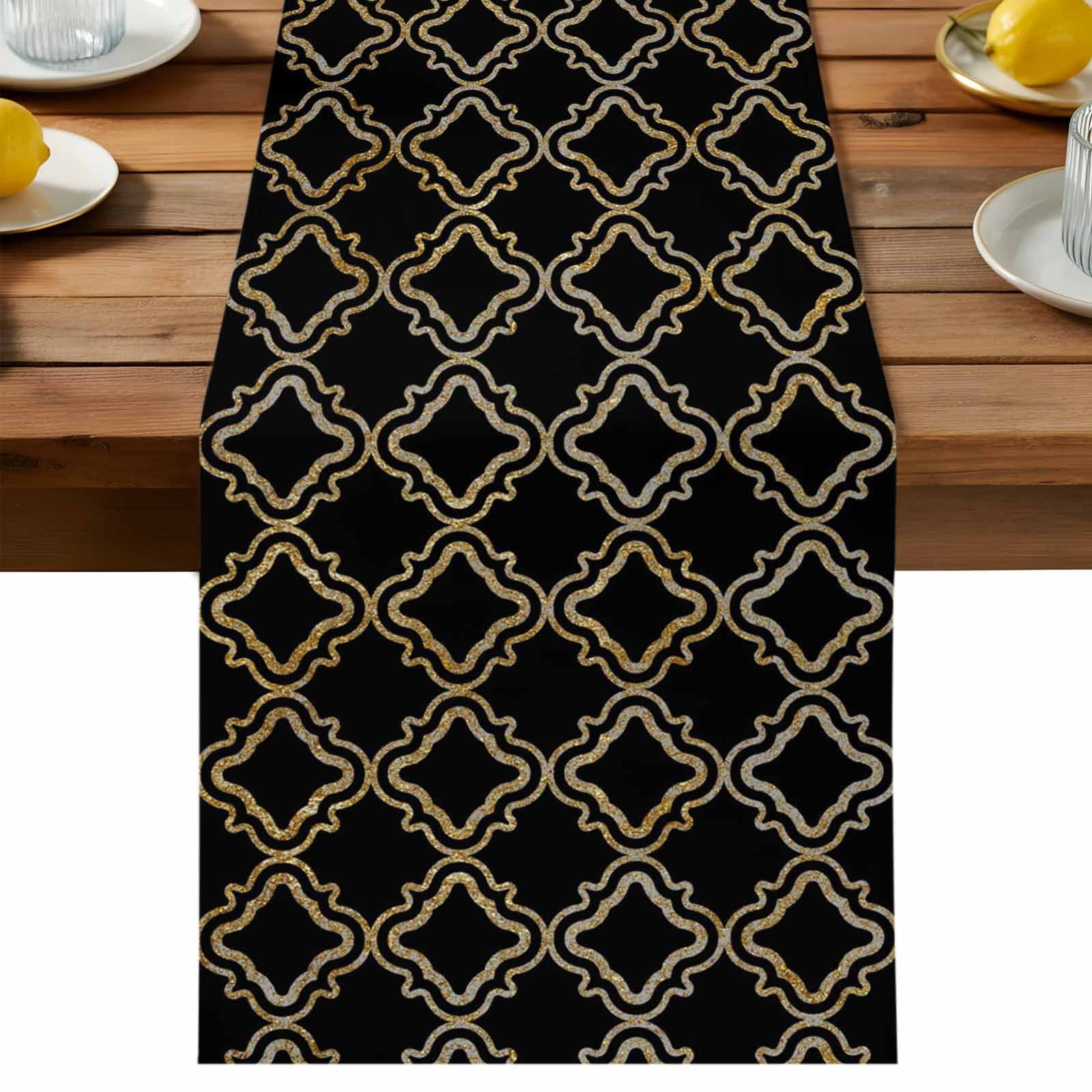 Abstract Geometric Table Runner 18x72 Inch Modern Gold and Black Retro Plaid Texture Cotton Linen Dining Table Runner Ideal for Dresser Kitchen Coffee Tables - Machine Washable