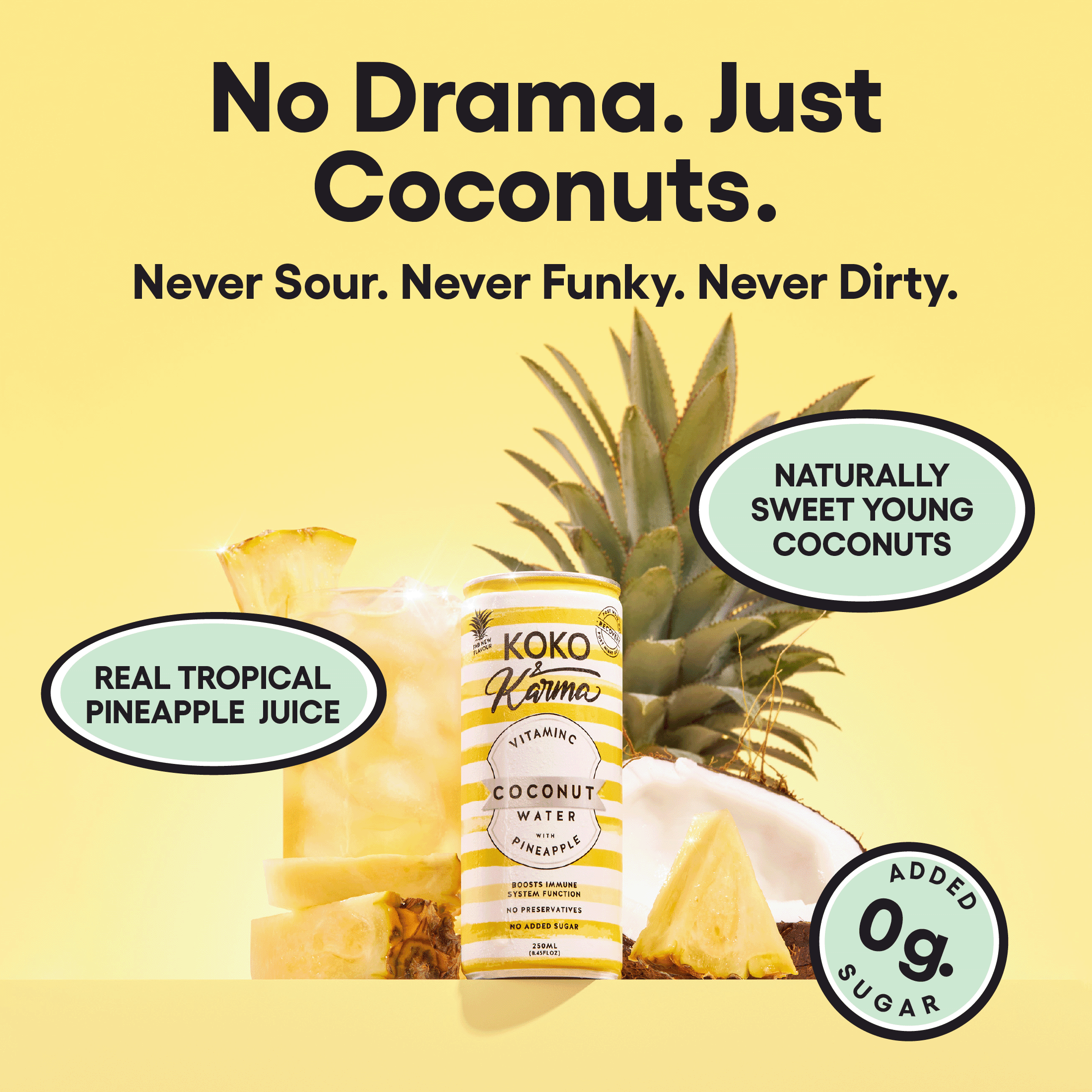 Koko & Karma Pineapple Coconut Water, Vitamin C, No Added Sugar, 4-Pack Cans (8.45 fl oz Each)