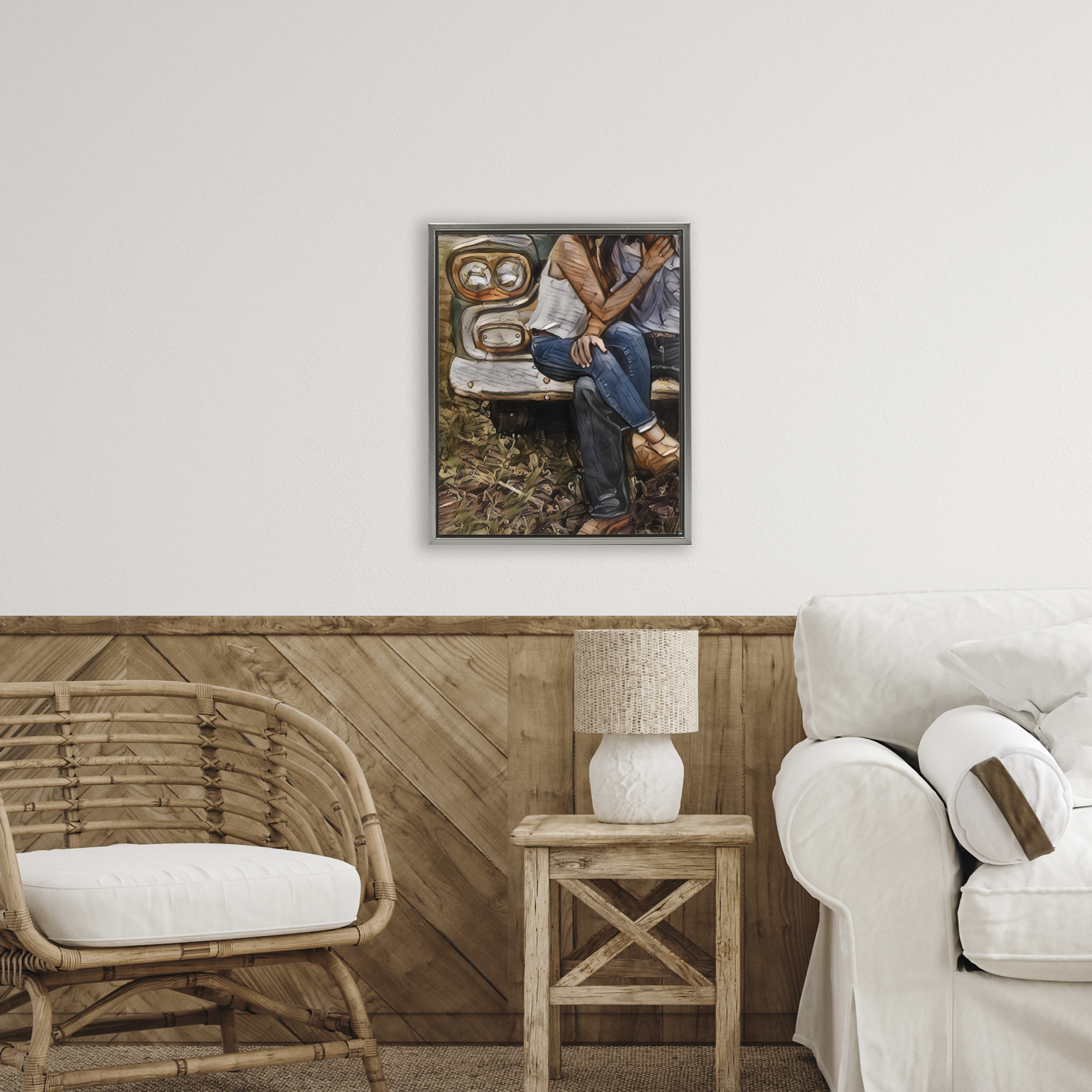 Crossed Legs & Trucks Gray Framed Floater Canvas Wall Art, design by Jesse Keith