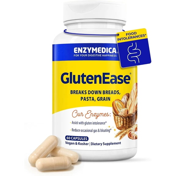 Enzymedica GlutenEase, Advanced Digestive Enzymes for Women and Men, Fast-Acting Formula for Bloating Relief & Digestive Health, Helps Break Down Gluten & Casein, 60 Capsules
