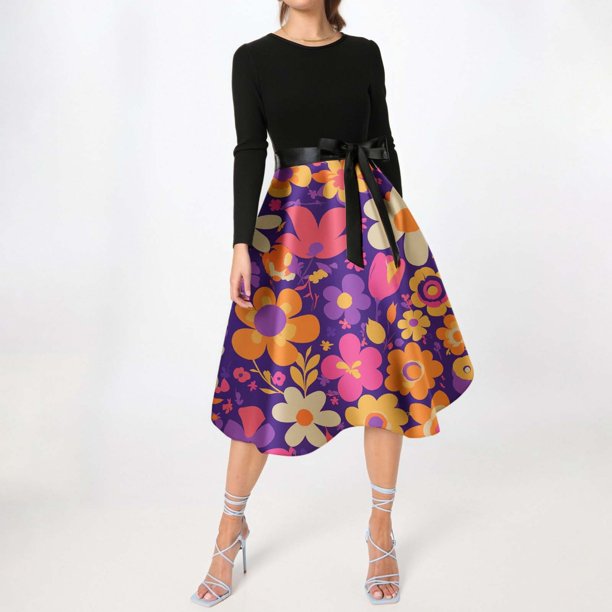 WILLBEST Vestidos De Verano Vestido Informal De Manga Larga Con Cuello Redondo Y Cremallera Para Mujer Con Estampado De Festival Para Fiestas Y Uso Diario 1242