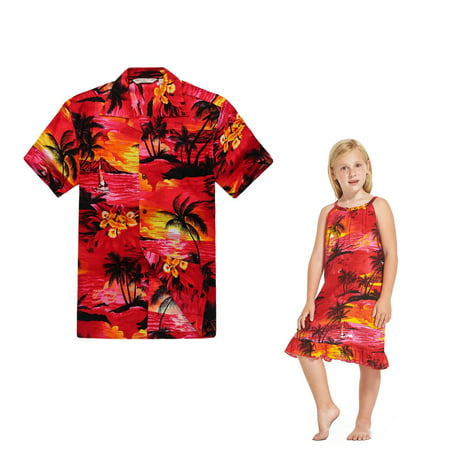 Matching Father Daughter Hawaiian Dance Luau Shirt Tunic Dress Sunset Red