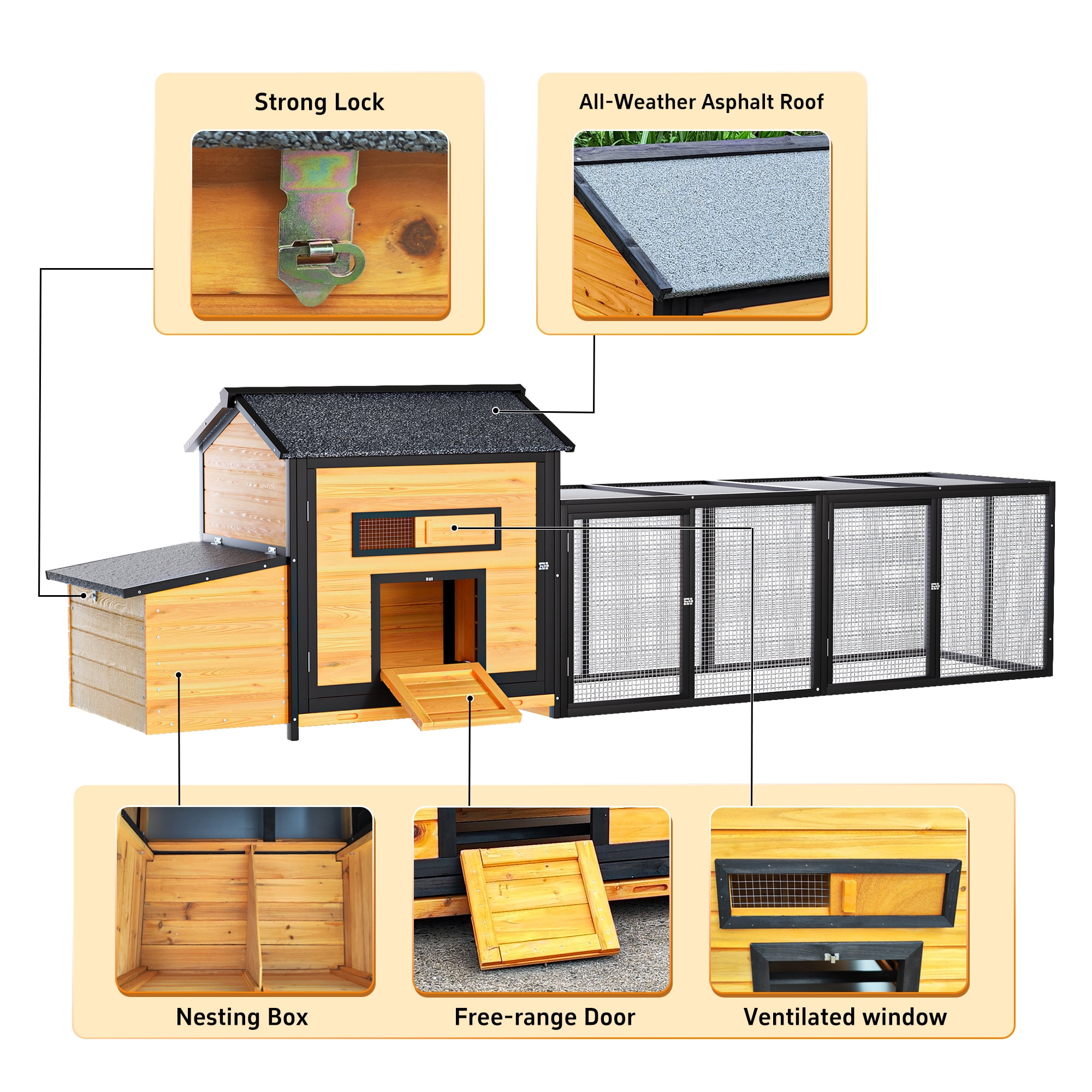 Pefilos 118" Outdoor Large Chicken Coop, Wooden Hen House with Pull-out Tray, Runs and Chicken Nesting Box Rabbit Hutch Bunny Cage, Yellow