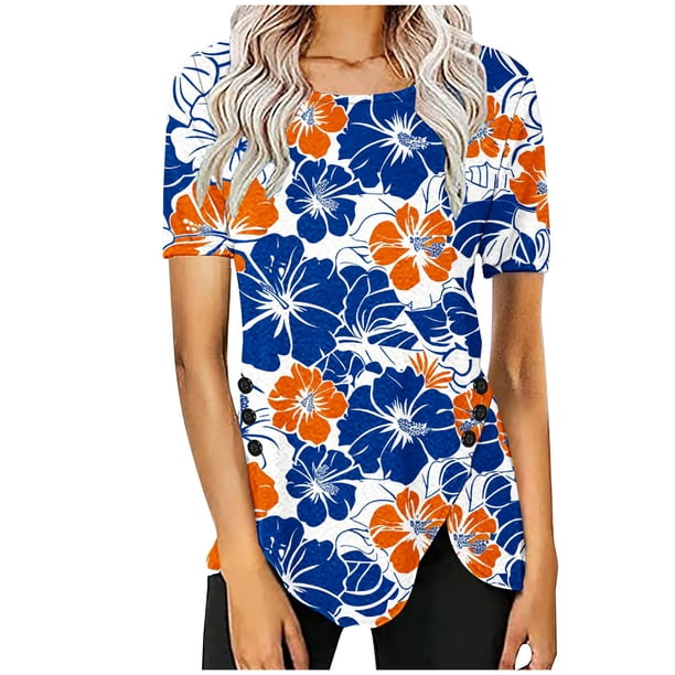 Blusas de Manga Corta para las Mujeres Botón Impreso Cuello Redondo Top Casual, Blusas para las Mujeres Casual